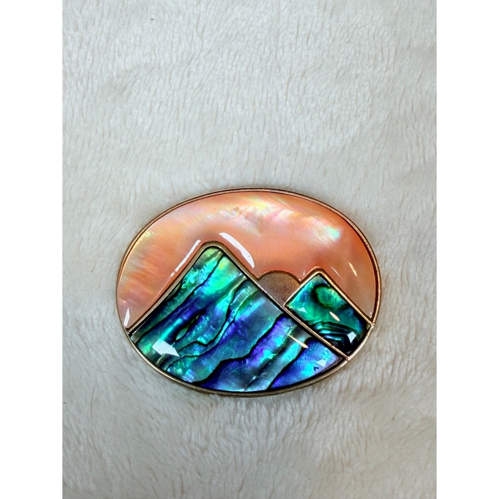 Vintage MCM Abalone Shell Mountain Brooch Pin Pink Mother of Pearl Sunset 1.75"